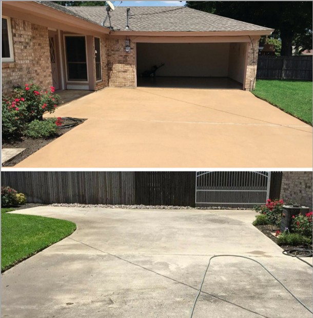 a before image of an old tired gray concrete driveway and after image of light brown driveway resurfaced with Color Restore finish